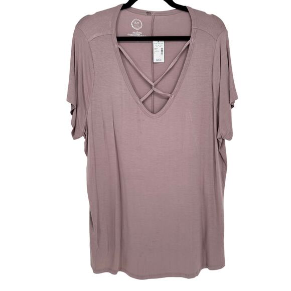 Maurices 24/7 Plus 2X Blush Pink Criss Cross V Neck Short Sleeve Tunic Top - Picture 1 of 7